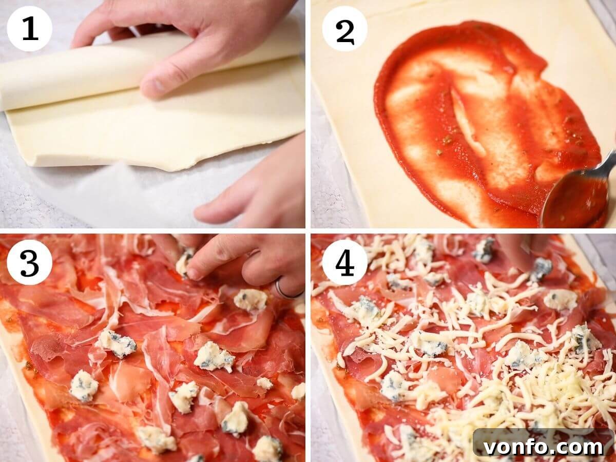 Prosciutto Gorgonzola Pizza Swirls 4 A four-photo collage illustrating the preparation of Pizza Pinwheels: 1. Spreading tomato passata on puff pastry. 2. Laying prosciutto slices. 3. Adding crumbled Gorgonzola cheese. 4. Topping with shredded mozzarella.