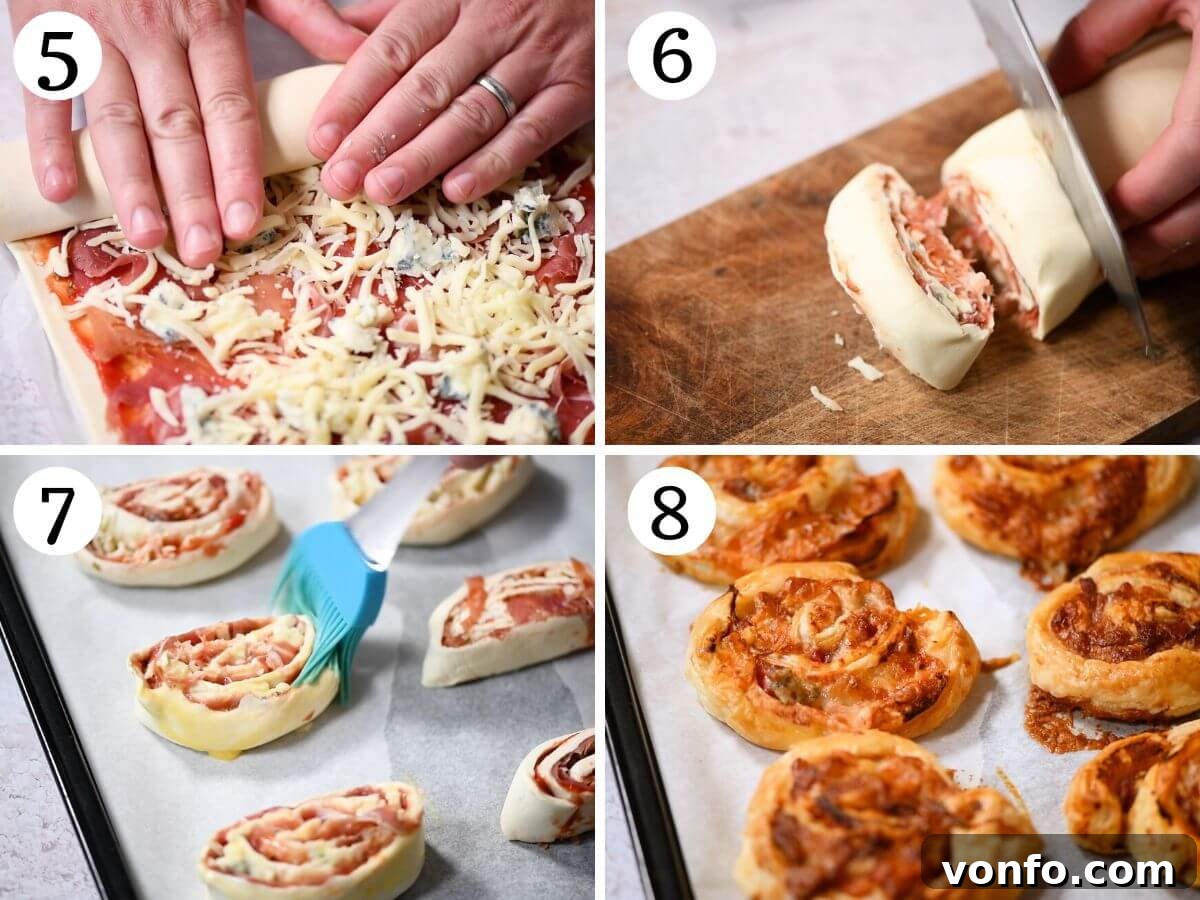 Prosciutto Gorgonzola Pizza Swirls 5 A four-photo collage demonstrating the final steps for Pizza Pinwheels: 5. Rolling up the filled puff pastry. 6. Slicing the pastry log into pinwheels with a sharp knife. 7. Arranging pinwheels on a baking sheet. 8. Brushing with egg wash before baking.