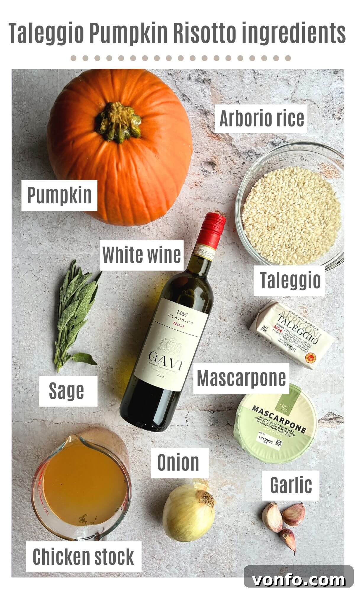 Creamy Taleggio Pumpkin Risotto, Crispy Sage Finish 3 An overhead shot showcasing all the fresh, high-quality ingredients laid out beautifully on a wooden surface, ready to make a delicious pumpkin risotto. Includes pumpkin, Arborio rice, Taleggio cheese, fresh sage, garlic, onion, and white wine.