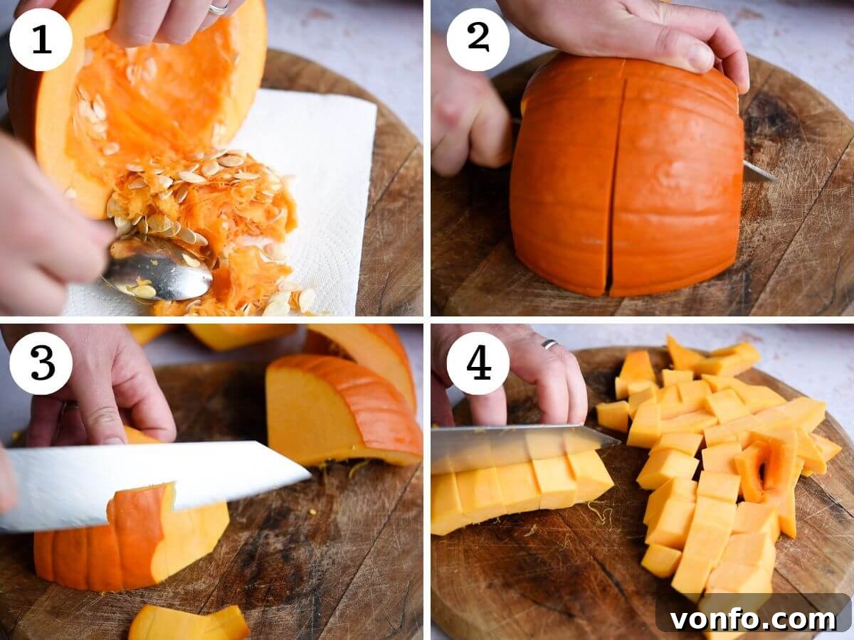Creamy Taleggio Pumpkin Risotto, Crispy Sage Finish 4 A collage of four photos detailing the process of preparing a pumpkin: cutting, deseeded, peeling, and dicing into cubes. Each step is clearly shown to guide the reader.