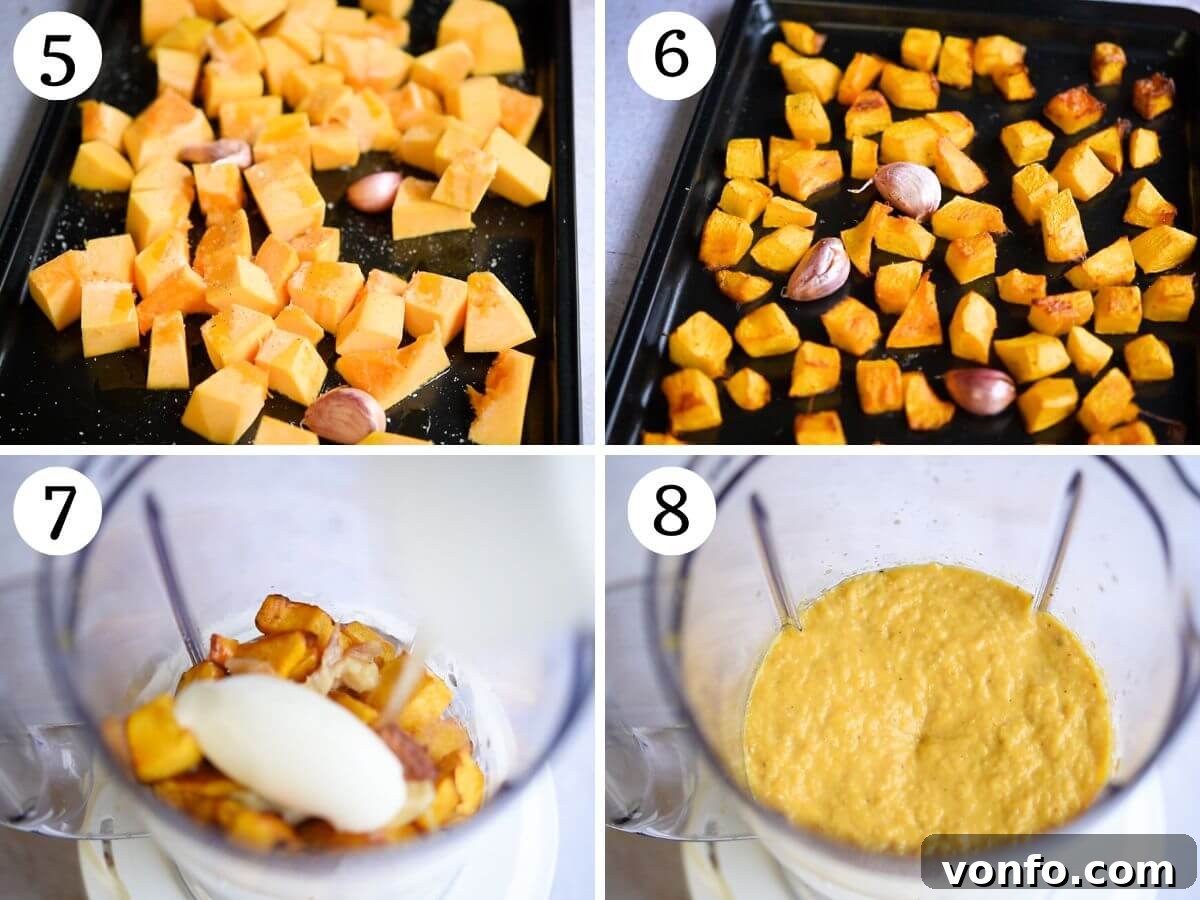 Creamy Taleggio Pumpkin Risotto, Crispy Sage Finish 5 A collage of four photos showing the next steps in preparing pumpkin puree: diced pumpkin and garlic on a baking tray, drizzled with olive oil, seasoned, and finally a bowl of smooth, roasted pumpkin puree.