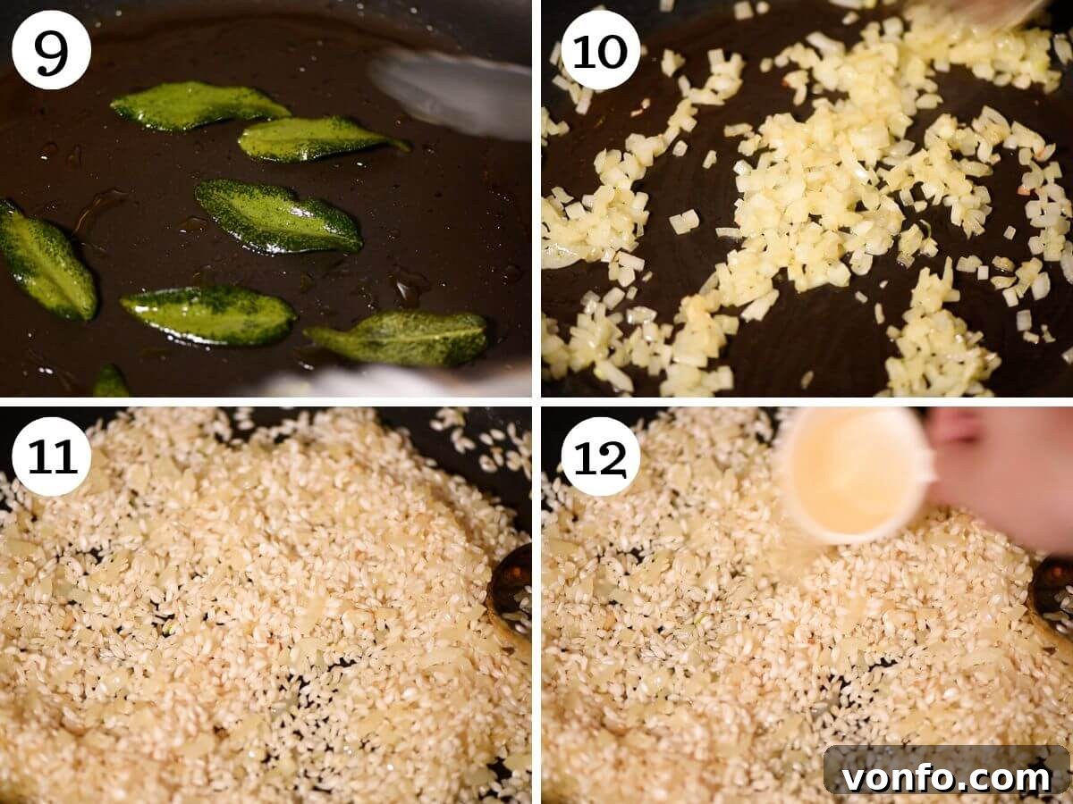 Creamy Taleggio Pumpkin Risotto, Crispy Sage Finish 6 A collage of four images illustrating the risotto cooking process: frying sage leaves until crispy, sautéing onions until translucent, adding Arborio rice to toast, and pouring white wine into the rice.