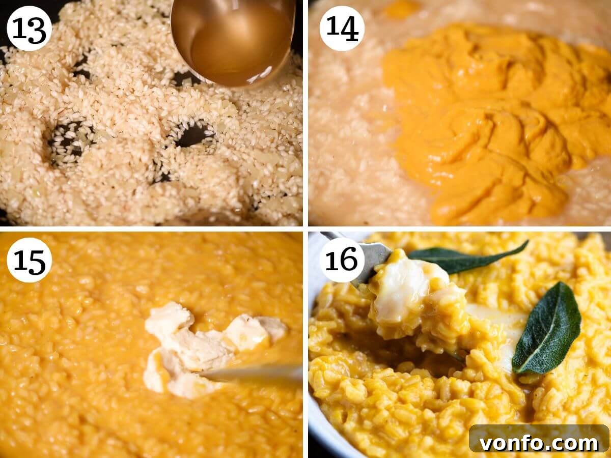 Creamy Taleggio Pumpkin Risotto, Crispy Sage Finish 7 A collage of four photos showing the latter stages of making pumpkin risotto: adding stock to the rice, stirring it in, adding the roasted pumpkin puree, and finally, a finished bowl of creamy pumpkin risotto with Taleggio and sage.