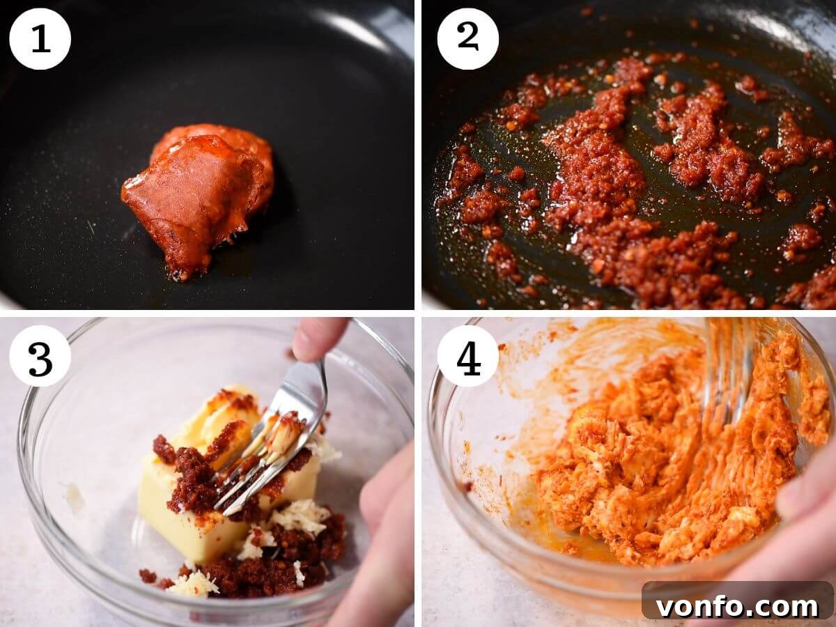 'Nduja Garlic Butter Scallops 4 A four-photo collage illustrating the process of making 'Nduja Garlic Butter: frying 'Nduja, mixing with butter and garlic, and rolling into a log.