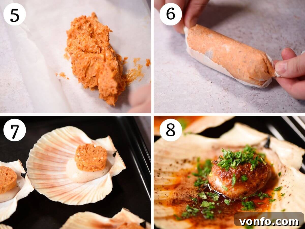 'Nduja Garlic Butter Scallops 5 A four-photo collage demonstrating how to prepare and broil scallops with 'Nduja Garlic Butter for a perfect finish.