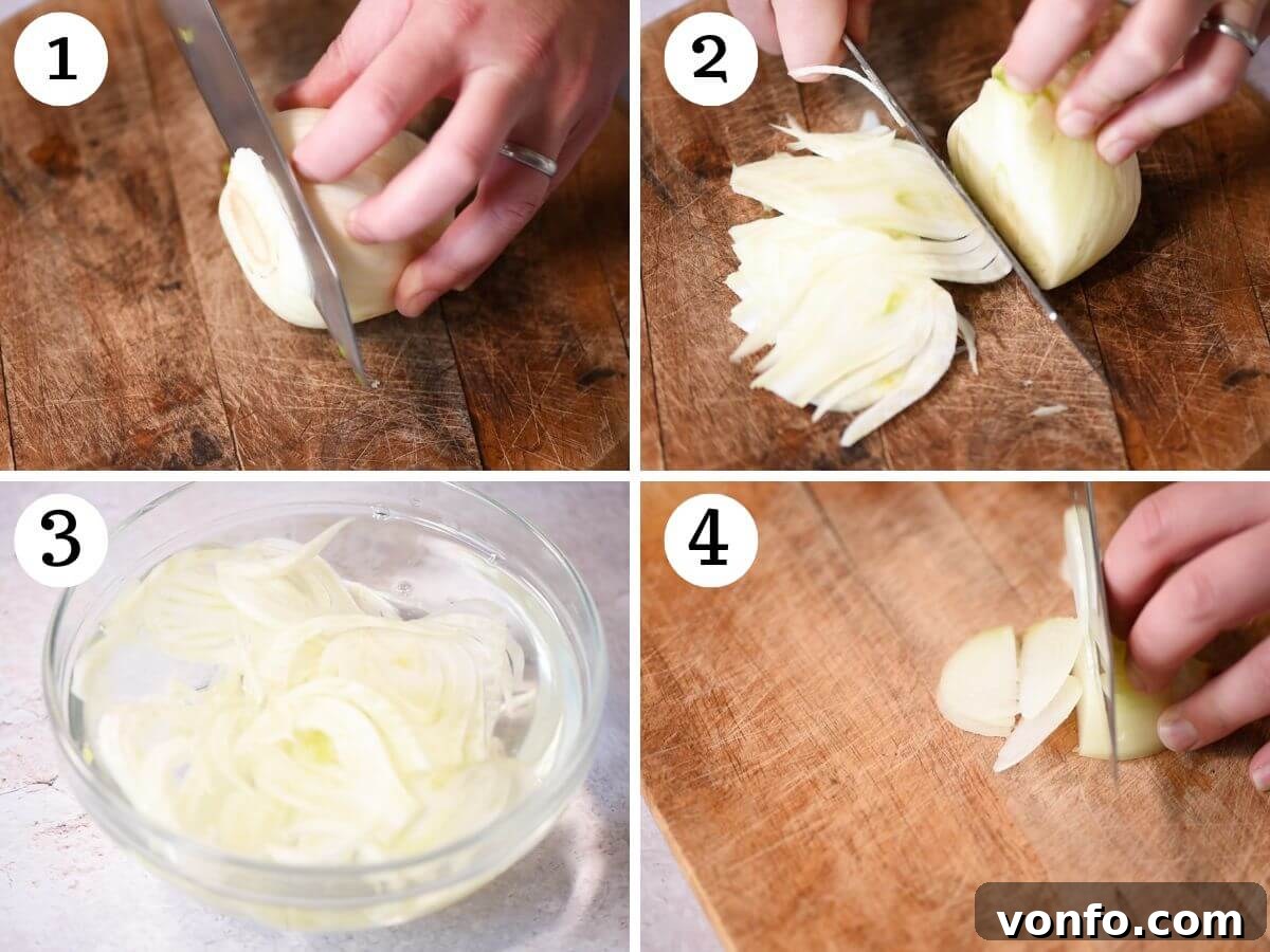 Zesty Sicilian Fennel Orange Salad 4 A four-panel collage showing the process of trimming and thinly slicing fennel bulbs, demonstrating correct technique for a vibrant salad.