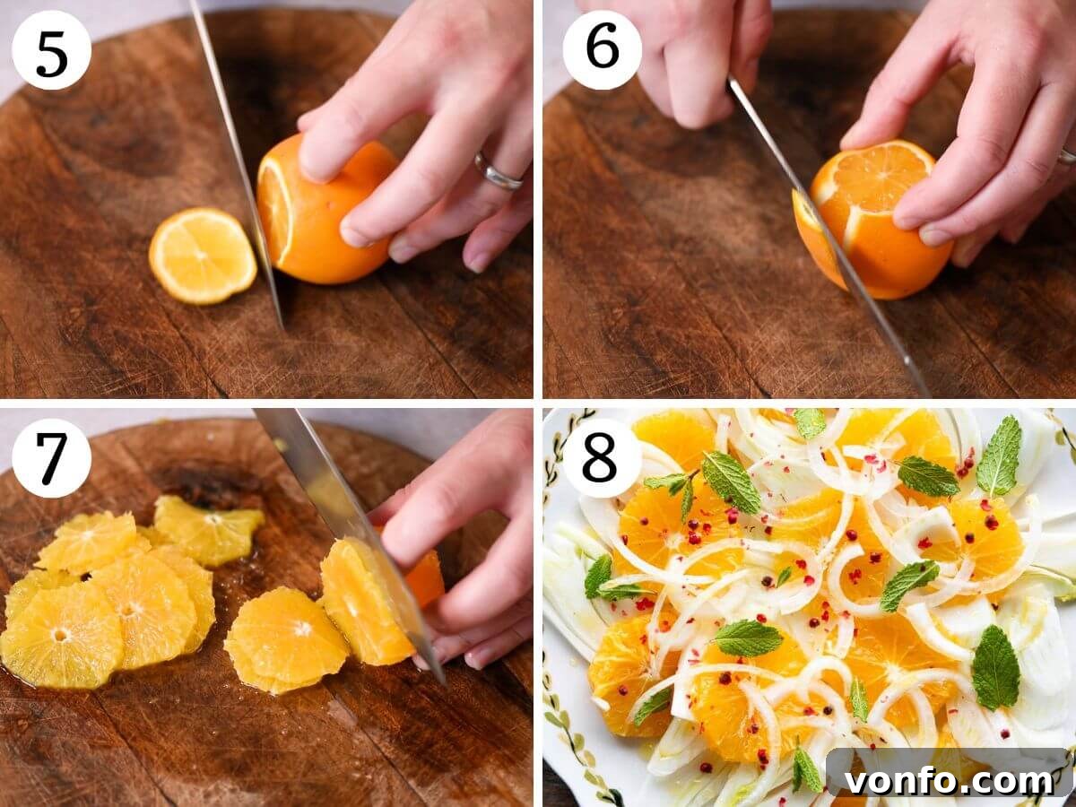 Zesty Sicilian Fennel Orange Salad 5 A four-panel collage demonstrating how to peel and slice oranges, followed by images showing the assembly of the fennel and orange salad layers.