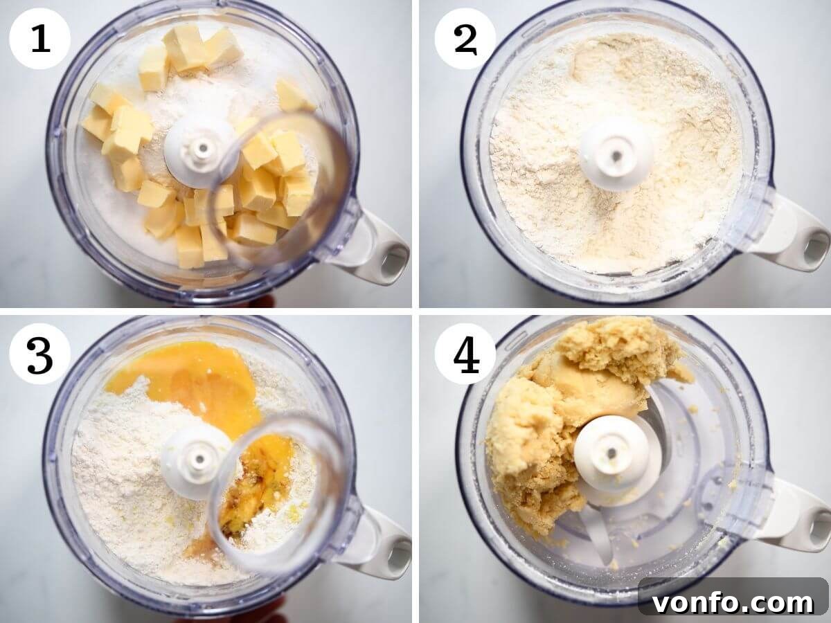 Befanini Authentic Tuscan Christmas Delights 4 Four photos in a collage showing the process of making Befanini cookie dough in a food processor, from combining dry ingredients and butter to forming a cohesive dough.