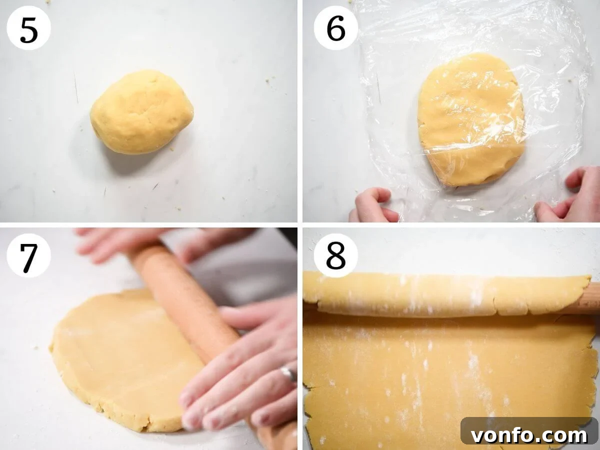 Befanini Authentic Tuscan Christmas Delights 5 Four photos in a collage illustrating how to properly chill and then roll out the Befanini cookie dough to the correct thickness for cutting.