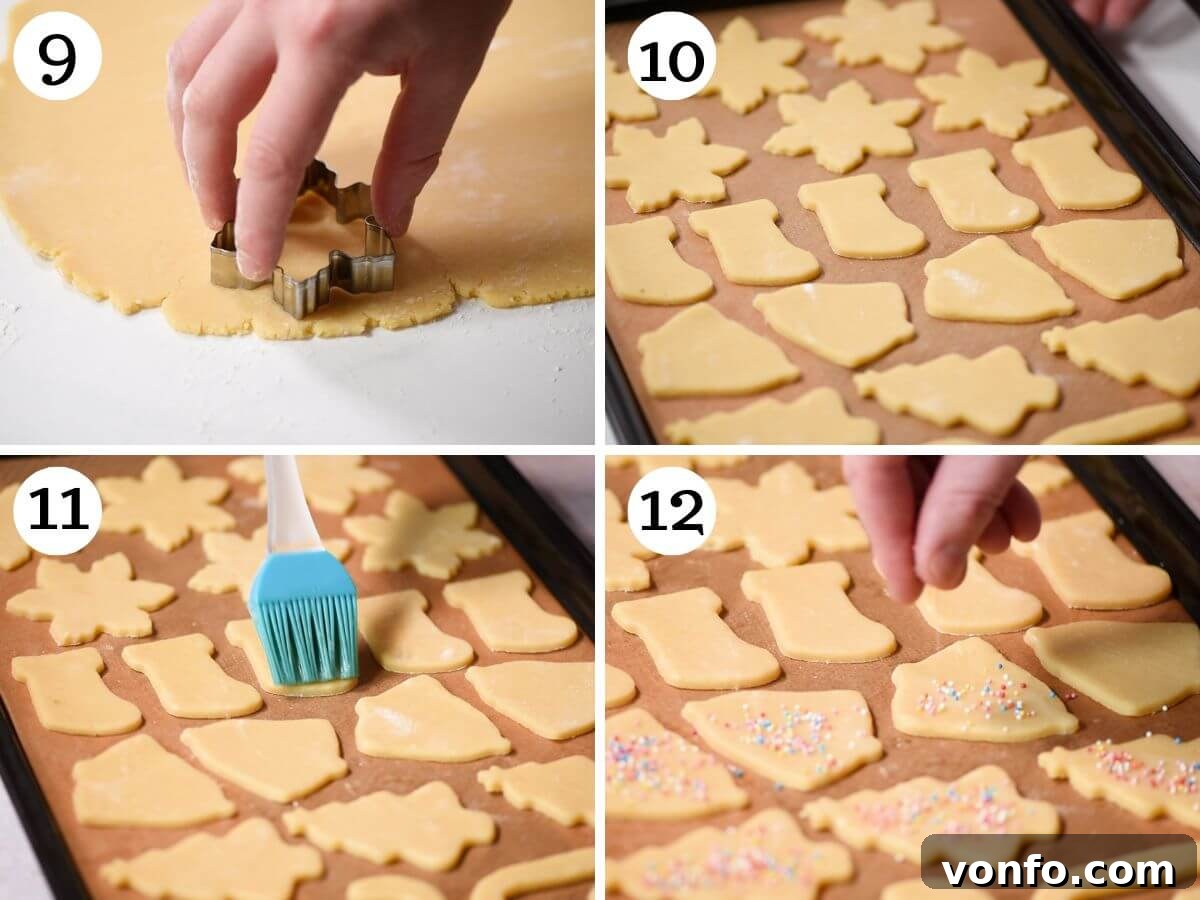 Befanini Authentic Tuscan Christmas Delights 6 Four photos in a collage demonstrating the process of cutting out various Befanini cookie shapes, arranging them on a baking sheet, and preparing them for baking.