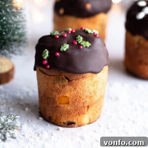 A close-up shot of a mini Panettone topped with glistening melted chocolate and colorful Christmas sprinkles, indicating a festive and delicious treat.