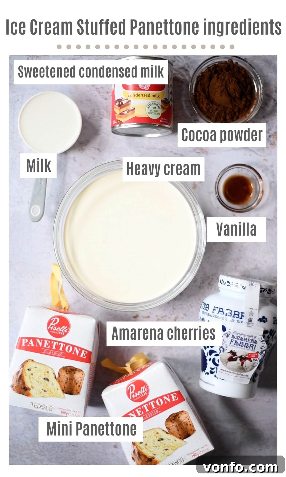 Cherry Chocolate Ice Cream Panettone Indulgence 3 An inviting overhead shot showcasing all the essential ingredients laid out neatly on a rustic surface, ready to be transformed into delicious ice cream stuffed mini Panettones. This includes mini Panettones, cocoa powder, heavy cream, condensed milk, Amarena cherries, and vanilla extract.