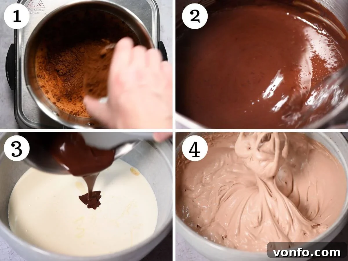 Cherry Chocolate Ice Cream Panettone Indulgence 4 A four-photo collage demonstrating the initial steps of making the no-churn cherry and chocolate ice cream: 1. Cocoa and milk in a saucepan. 2. Whisking until dissolved. 3. Cooled mixture in a stand mixer. 4. Whipping to soft peaks.