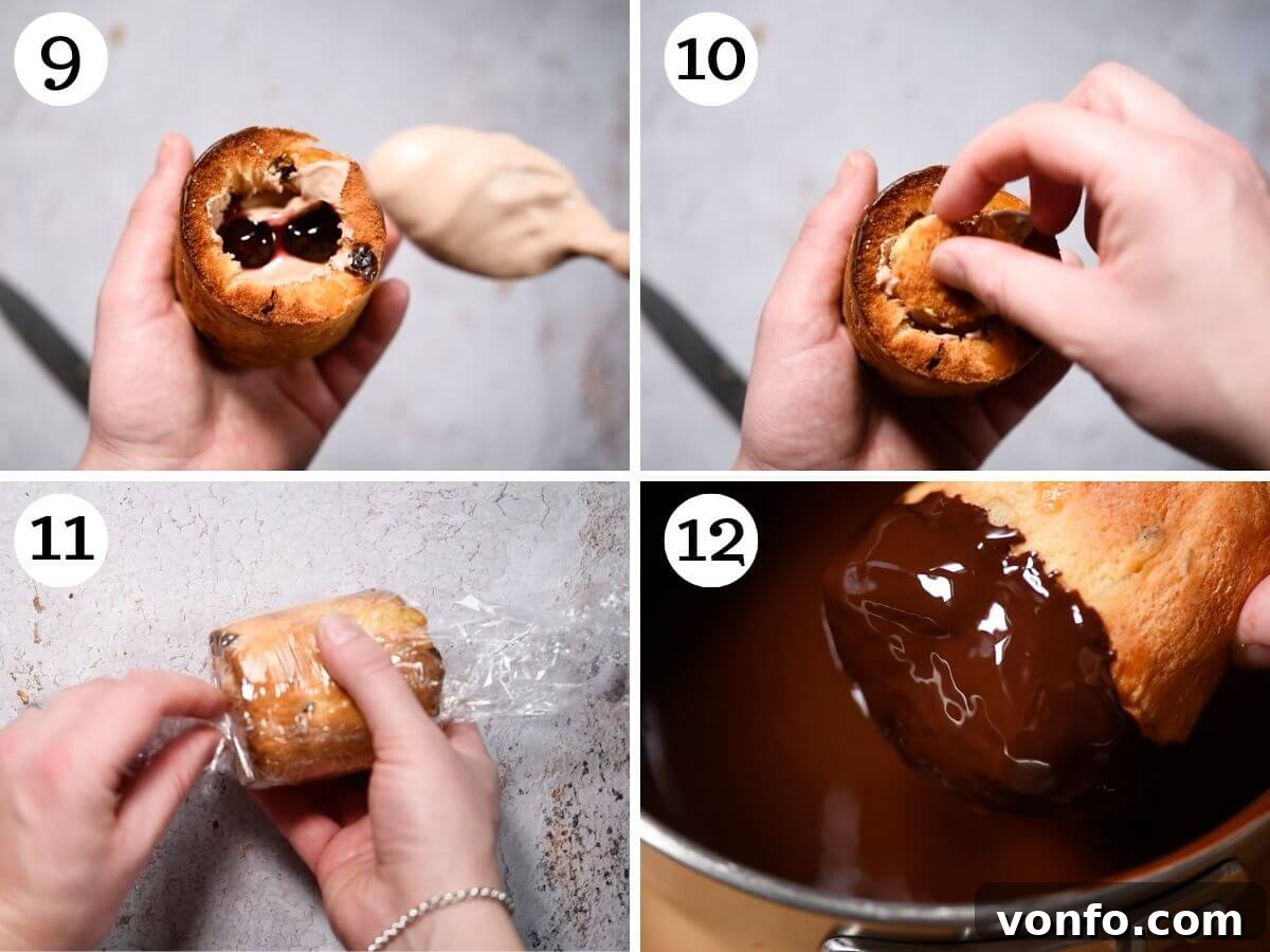 Cherry Chocolate Ice Cream Panettone Indulgence 6 A four-photo collage depicting the final preparation and decoration steps for the mini Panettones: 1. Layering ice cream and cherries. 2. Sealing with the Panettone base. 3. Freezing the stuffed Panettones. 4. Dipping a frozen Panettone in melted chocolate and adding sprinkles.