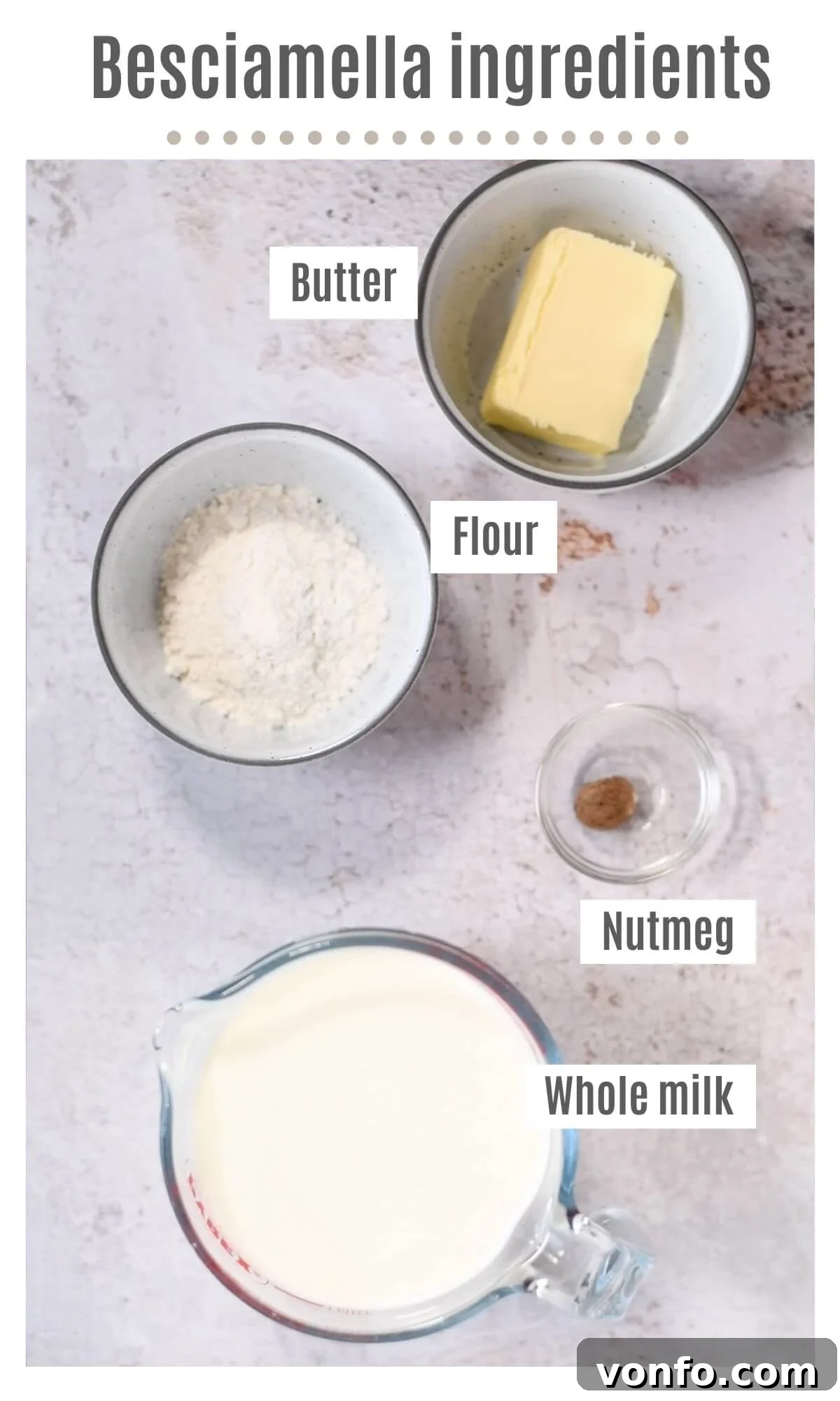 Besciamella: The Rich Italian White Sauce 3 An overhead shot showcasing all the fresh and essential ingredients required to create a classic, rich Besciamella sauce.
