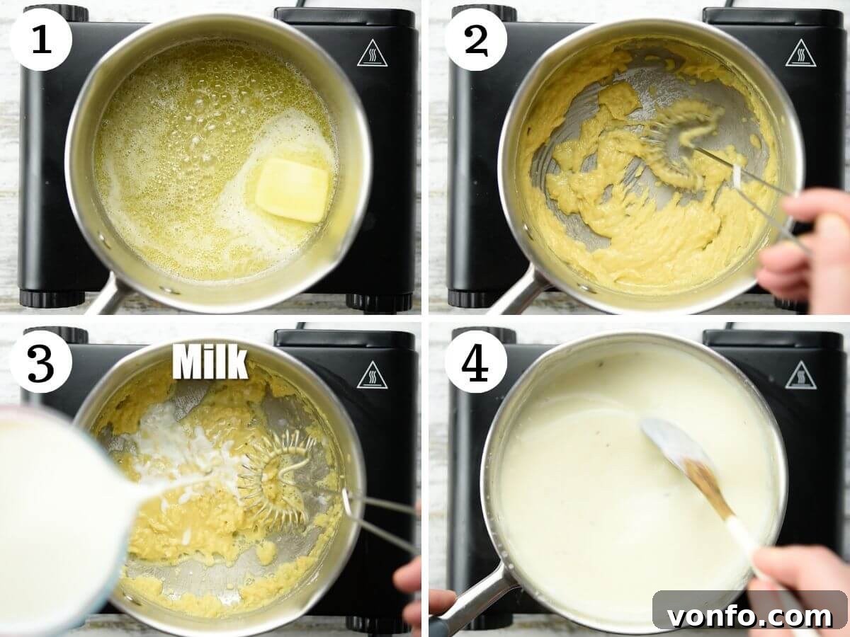 Besciamella: The Rich Italian White Sauce 4 A four-photo collage illustrating the initial stages of making Italian Bechamel Sauce (Besciamella): melting butter, adding flour to form a roux, and the roux cooking in the pan.
