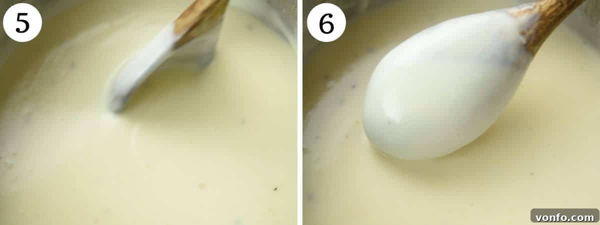 Besciamella: The Rich Italian White Sauce 5 A two-photo collage demonstrating the progressive thickening and smooth consistency of Italian Bechamel Sauce as milk is incorporated into the roux.