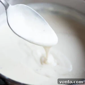 A close up of a Italian Bechamel Sauce (Besciamella) on a spoon in a pot, demonstrating its creamy texture.