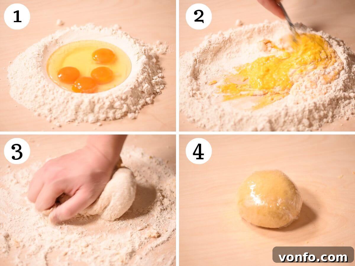 A four-panel collage illustrating the meticulous process of making homemade pasta dough: combining eggs and flour in a well, kneading to a smooth consistency, and finally, the dough resting wrapped in plastic.