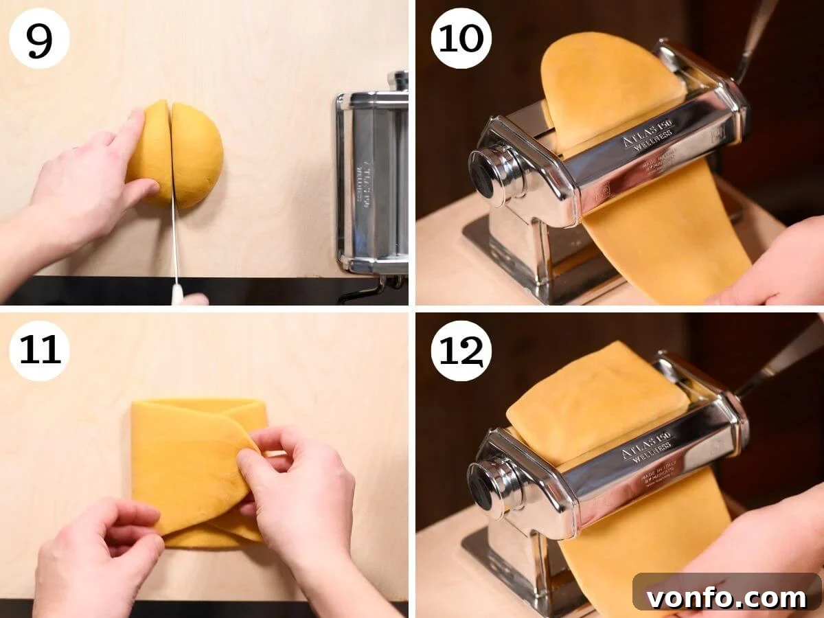 A four-panel collage demonstrating the precise steps to roll out pasta dough using a manual pasta machine, from a thick sheet to a translucent, even layer.