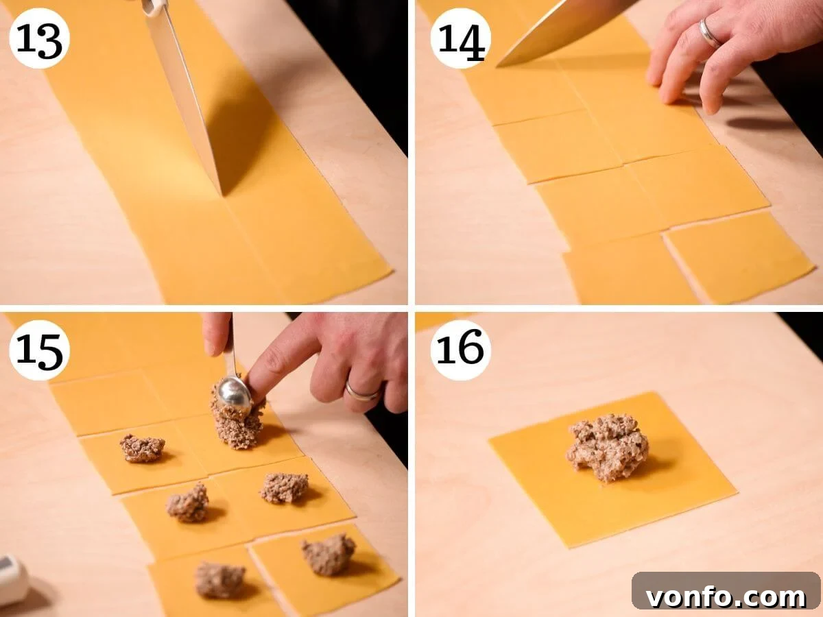 A four-panel collage visually guiding through the process of filling Triangoli pasta: laying pasta squares, spooning mushroom filling, and folding into perfect triangles.