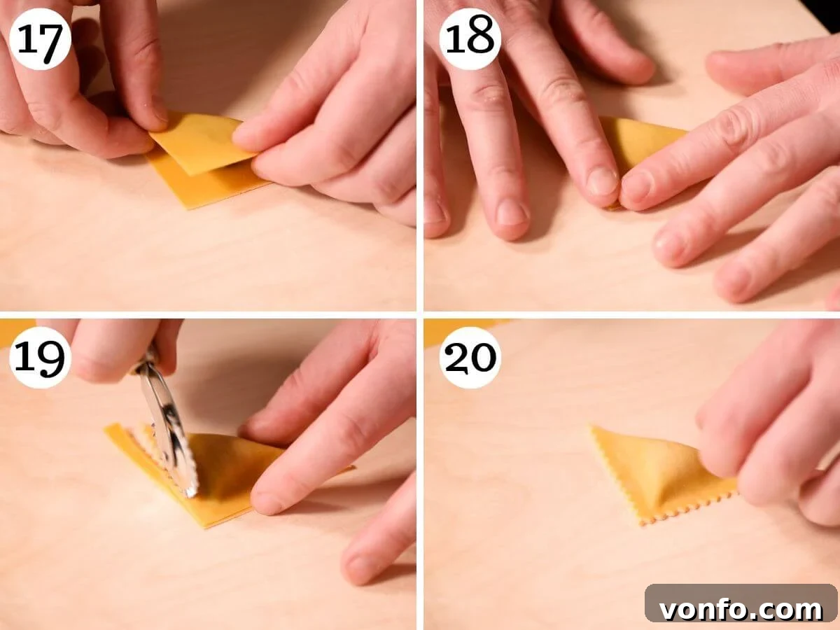 A four-panel collage illustrating the final steps of shaping and sealing Triangoli pasta, showing the detailed technique to achieve perfectly formed and secured triangular parcels.