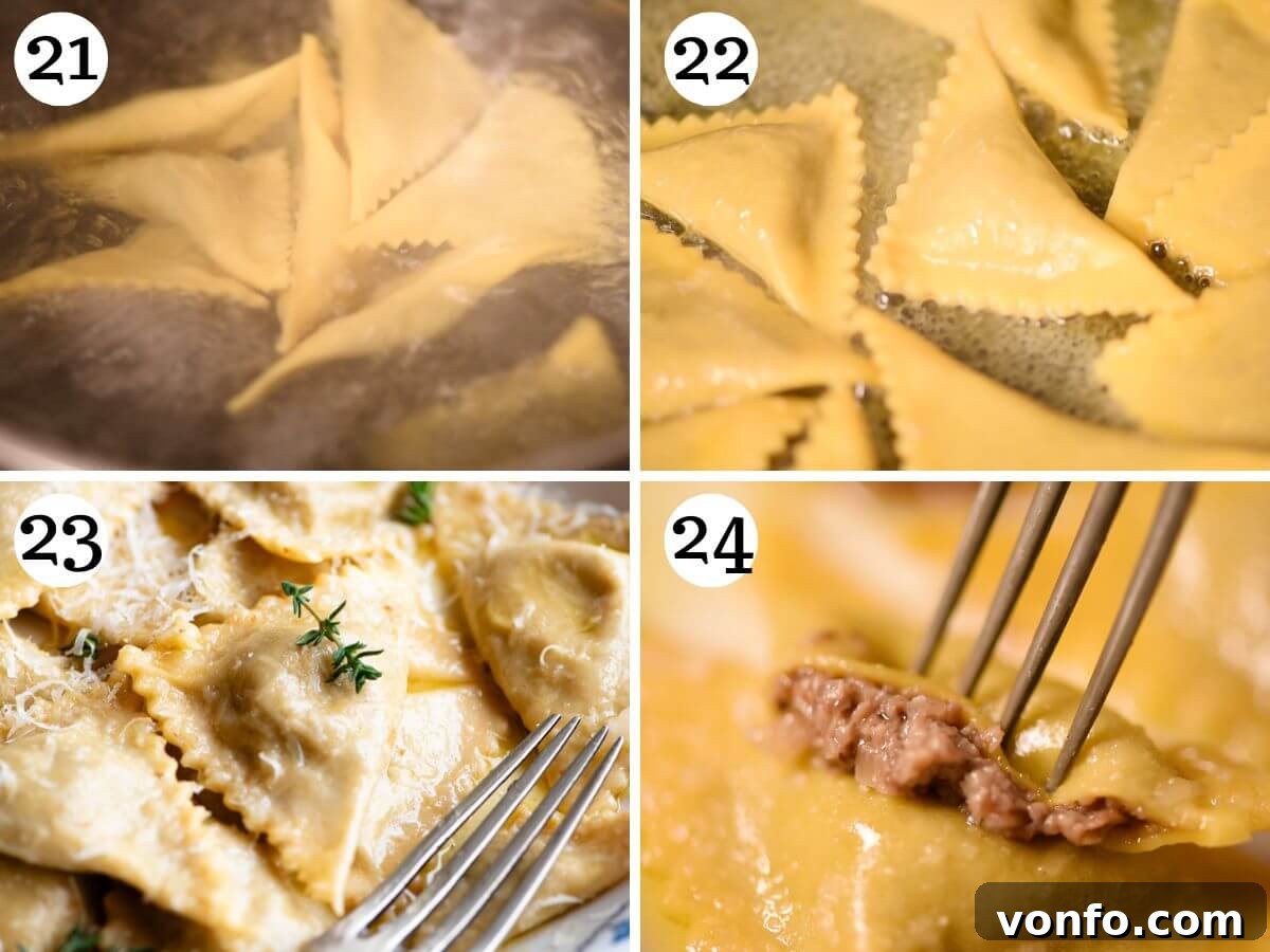 A four-panel collage illustrating the final stages of preparing Triangoli pasta: boiling the pasta to perfection and then tossing it gently in a rich butter sauce.