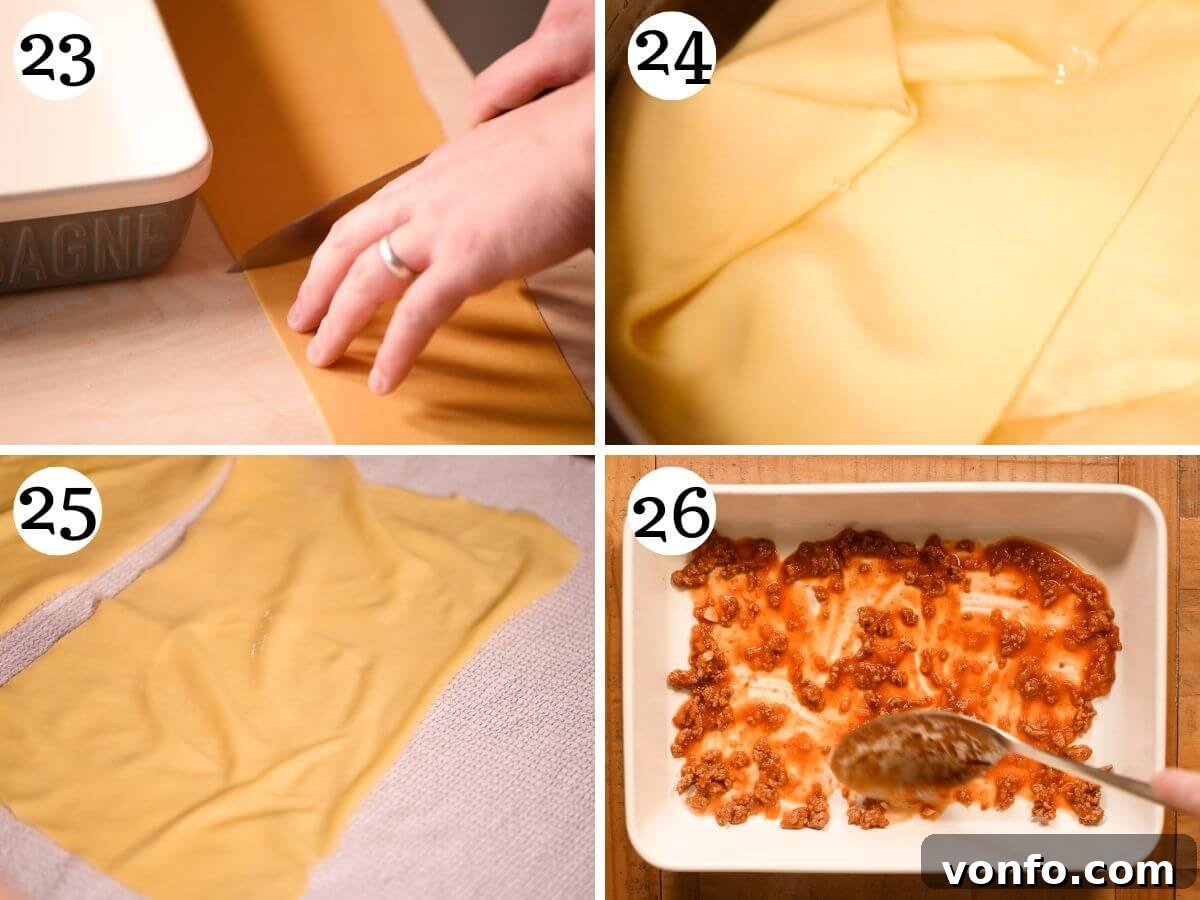 Hearty Lamb Lasagna with Pecorino Romano Béchamel 11 Four photos in a collage showing the blanching process for homemade pasta sheets in boiling water.