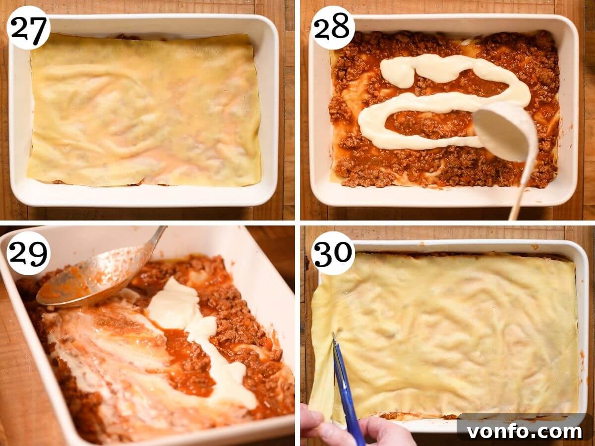 Hearty Lamb Lasagna with Pecorino Romano Béchamel 12 Four photos in a collage showing the layering process of a lamb lasagna with ragu, pasta, and bechamel.