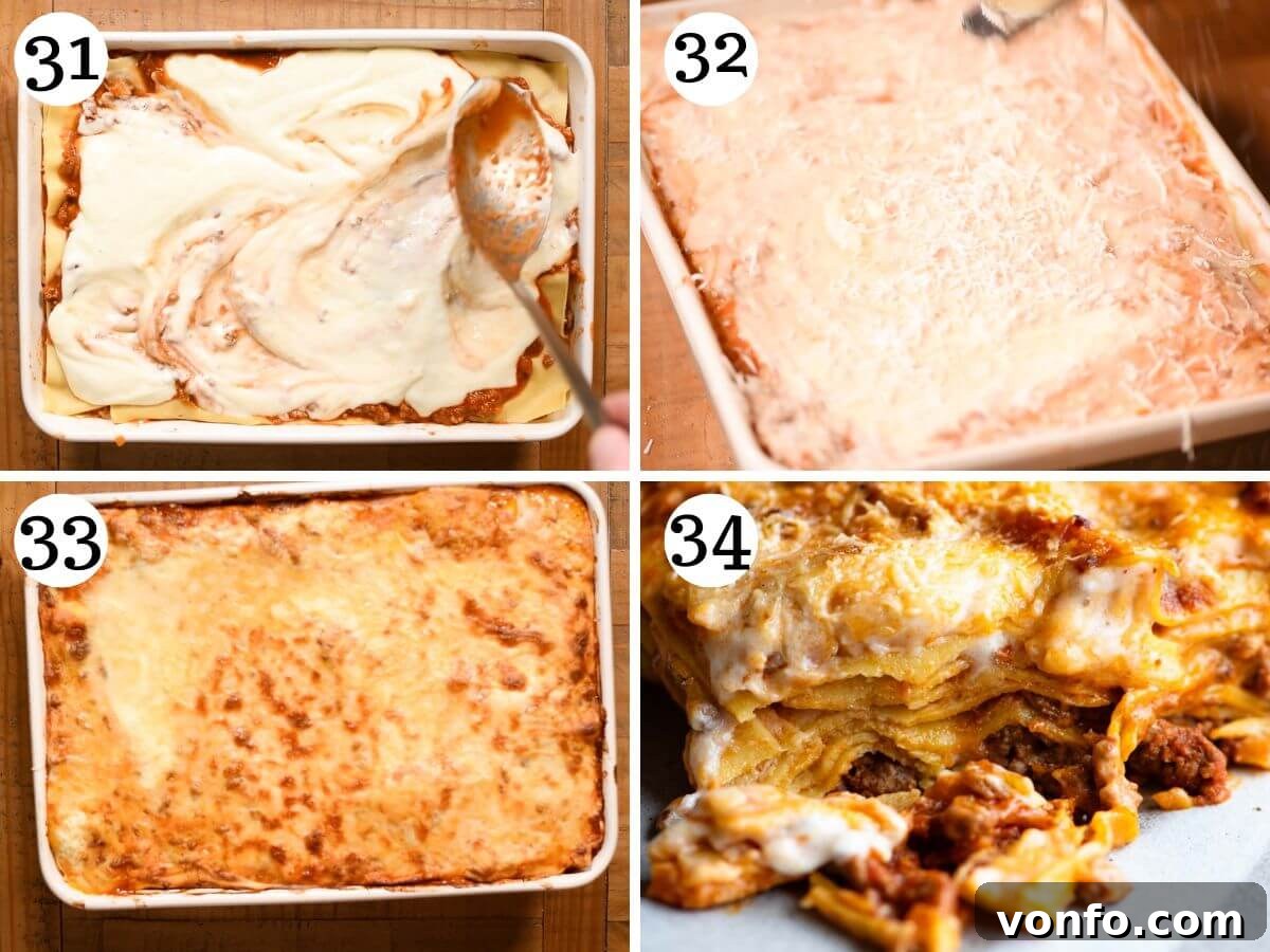 Hearty Lamb Lasagna with Pecorino Romano Béchamel 13 Four photos in a collage depicting the final stages of making a lamb lasagna, including topping with cheese and the baked result.