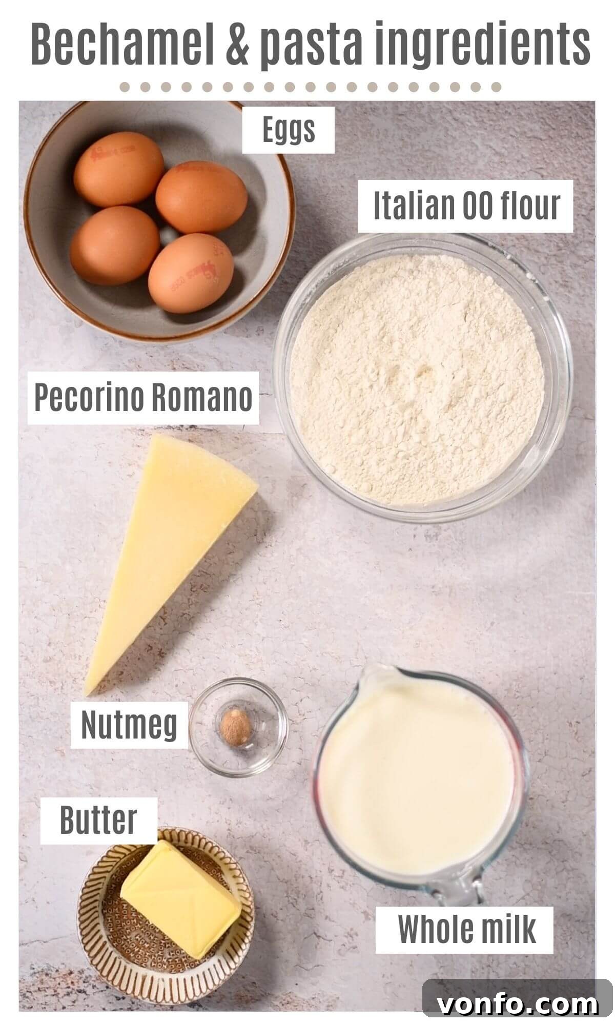 Hearty Lamb Lasagna with Pecorino Romano Béchamel 4 An overhead shot of all the ingredients for homemade pasta dough and creamy bechamel sauce.