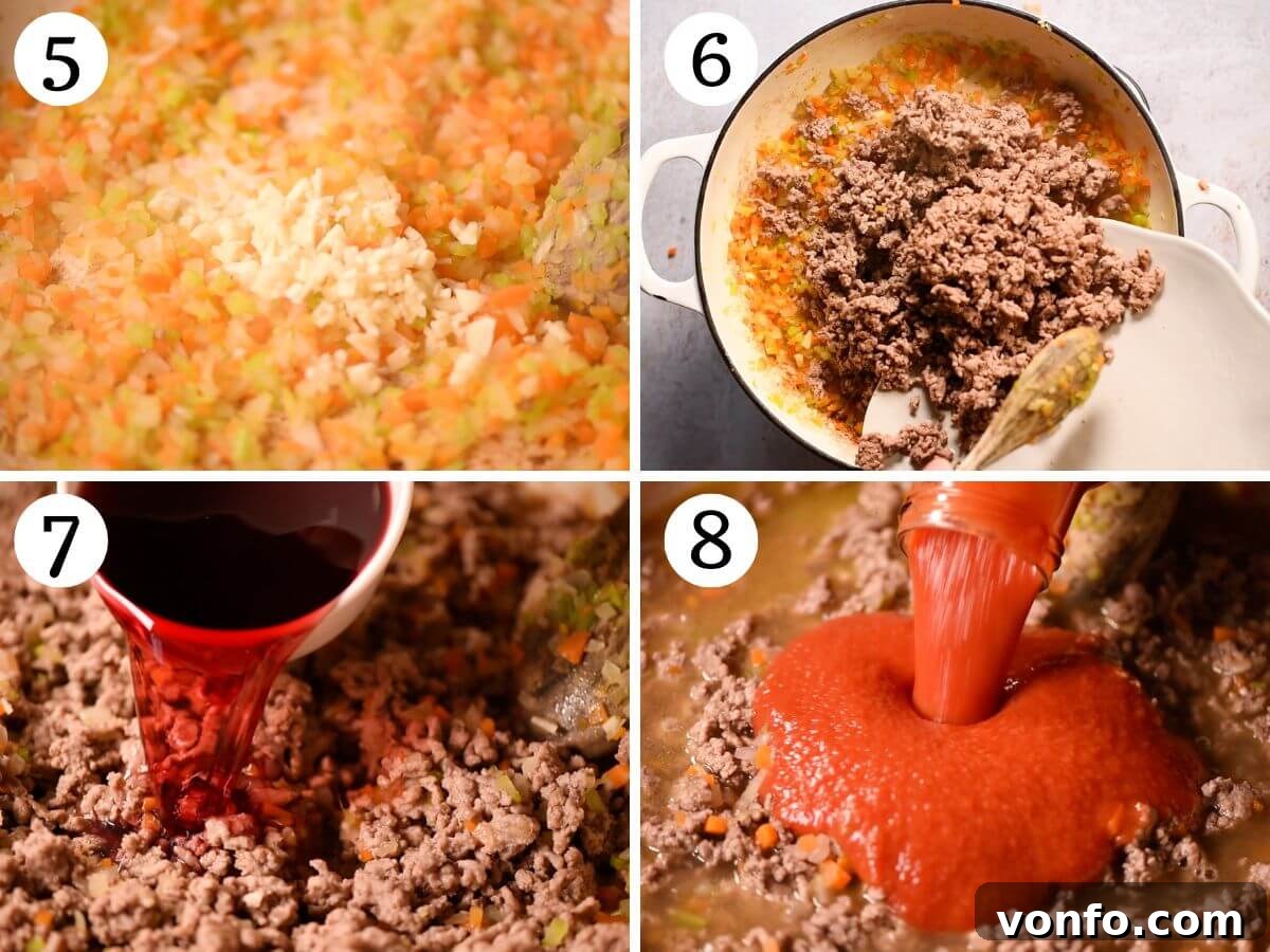 Hearty Lamb Lasagna with Pecorino Romano Béchamel 6 Four photos in a collage illustrating how to combine ingredients and continue preparing a lamb ragu.