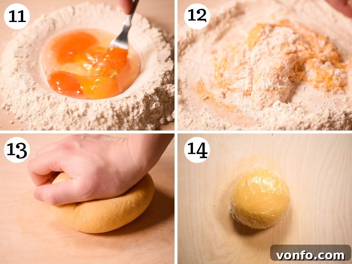 Hearty Lamb Lasagna with Pecorino Romano Béchamel 8 Four photos in a collage demonstrating the steps to make homemade egg pasta dough for lasagna, from forming a well to kneading.