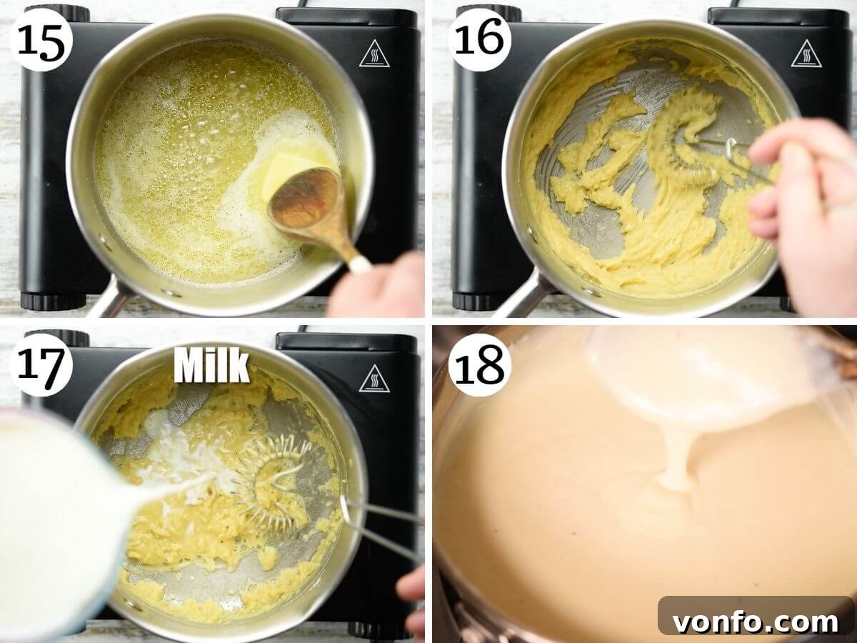 Hearty Lamb Lasagna with Pecorino Romano Béchamel 9 Four photos in a collage showing the process of making bechamel sauce from scratch, including melting butter, making a roux, and whisking in milk.