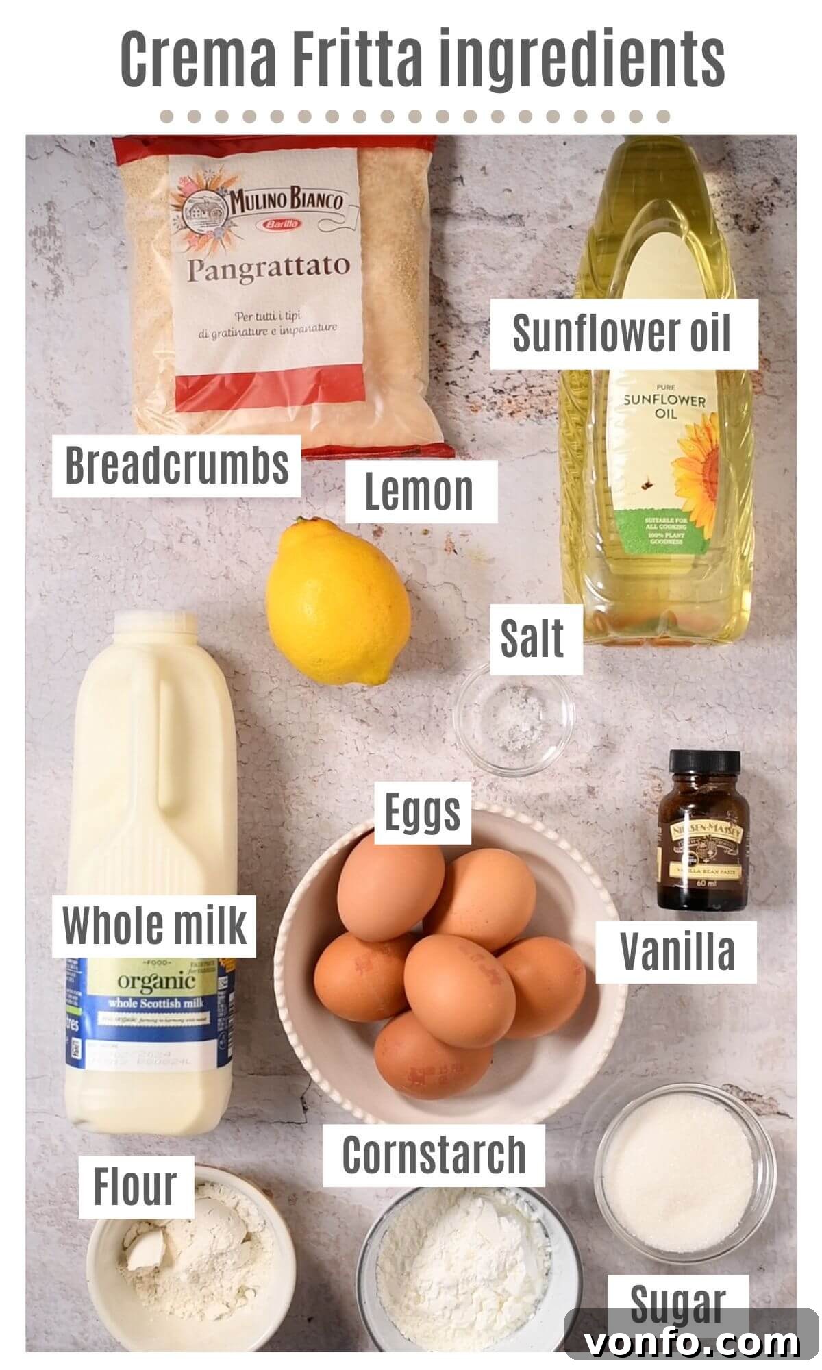 Golden Custard Fritters 3 An overhead shot of all the ingredients needed to make Crema Fritta (deep fried custard).