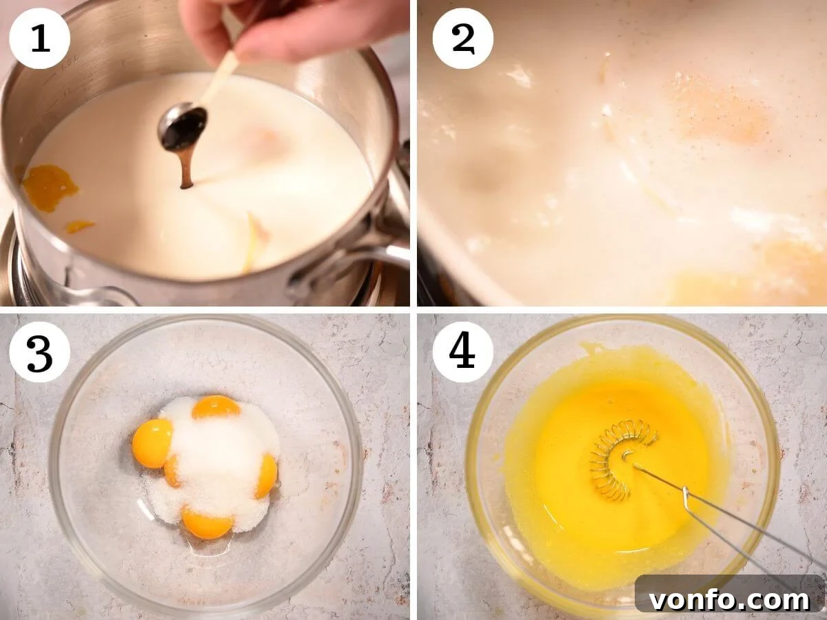 Golden Custard Fritters 4 Four photos showing how to heat milk and make an egg mixture for custard.