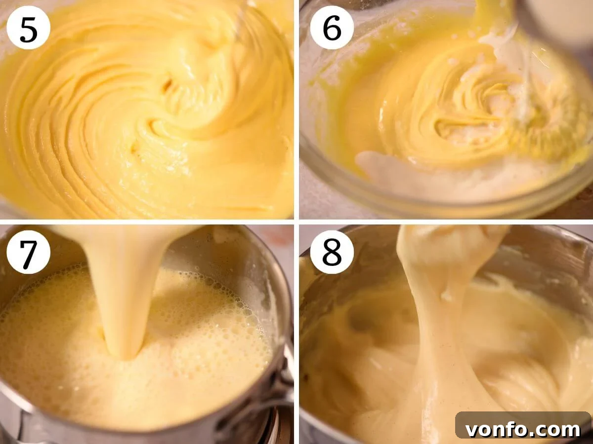 Golden Custard Fritters 5 Four photos in a collage showing how to make a thick custard.
