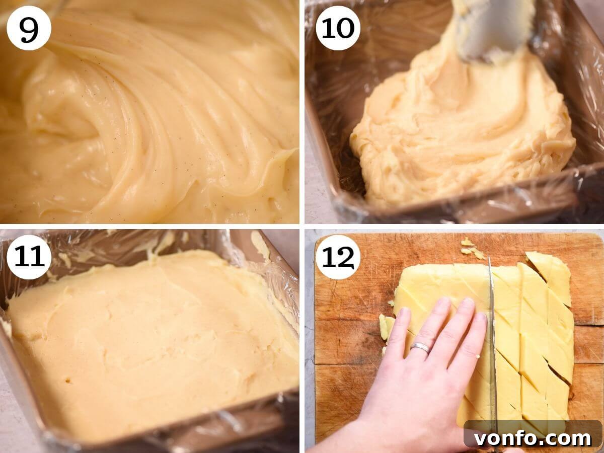 Golden Custard Fritters 6 Four photos in a collage showing how to set and cut custard.