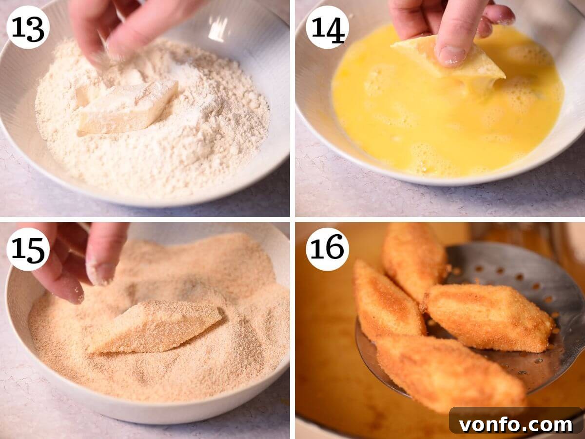 Golden Custard Fritters 7 Four photos in a collage showing how to bread and deep fry custard.