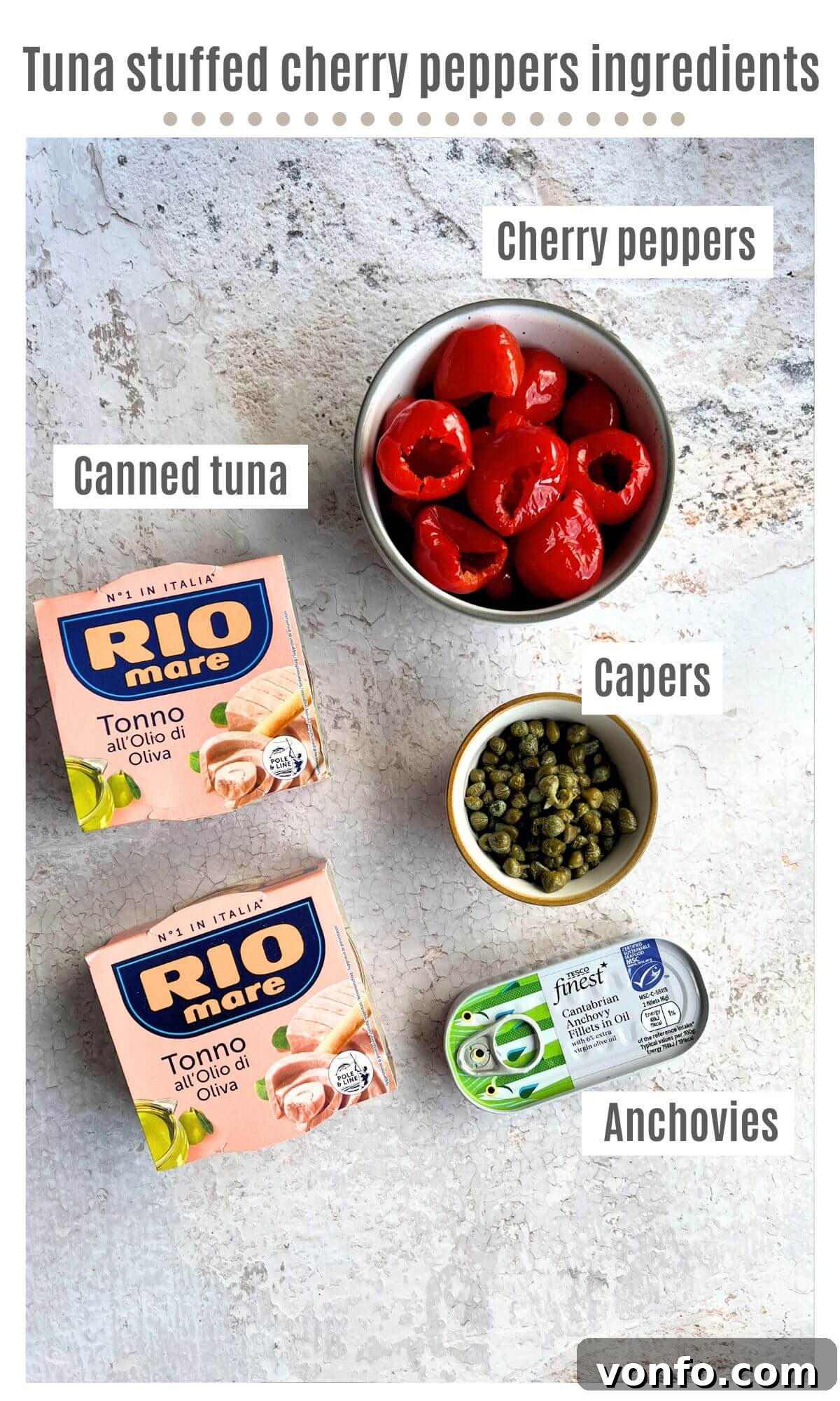 Zesty Tuna Stuffed Cherry Pepper Bites 3 An overhead shot of all the ingredients you need to make tuna stuffed cherry peppers.