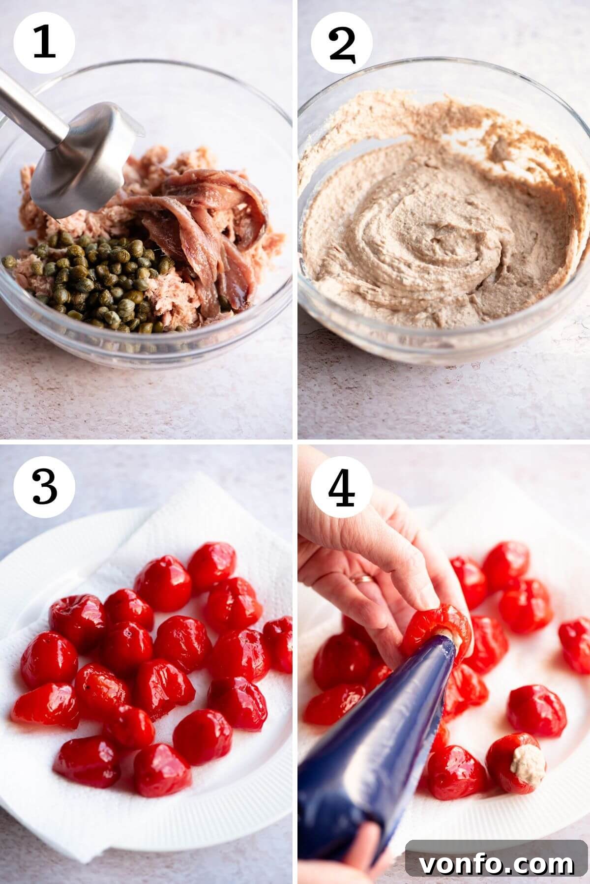 Zesty Tuna Stuffed Cherry Pepper Bites 4 Four photos in a collage showing how to stuffed cherry peppers with a tuna mixture.