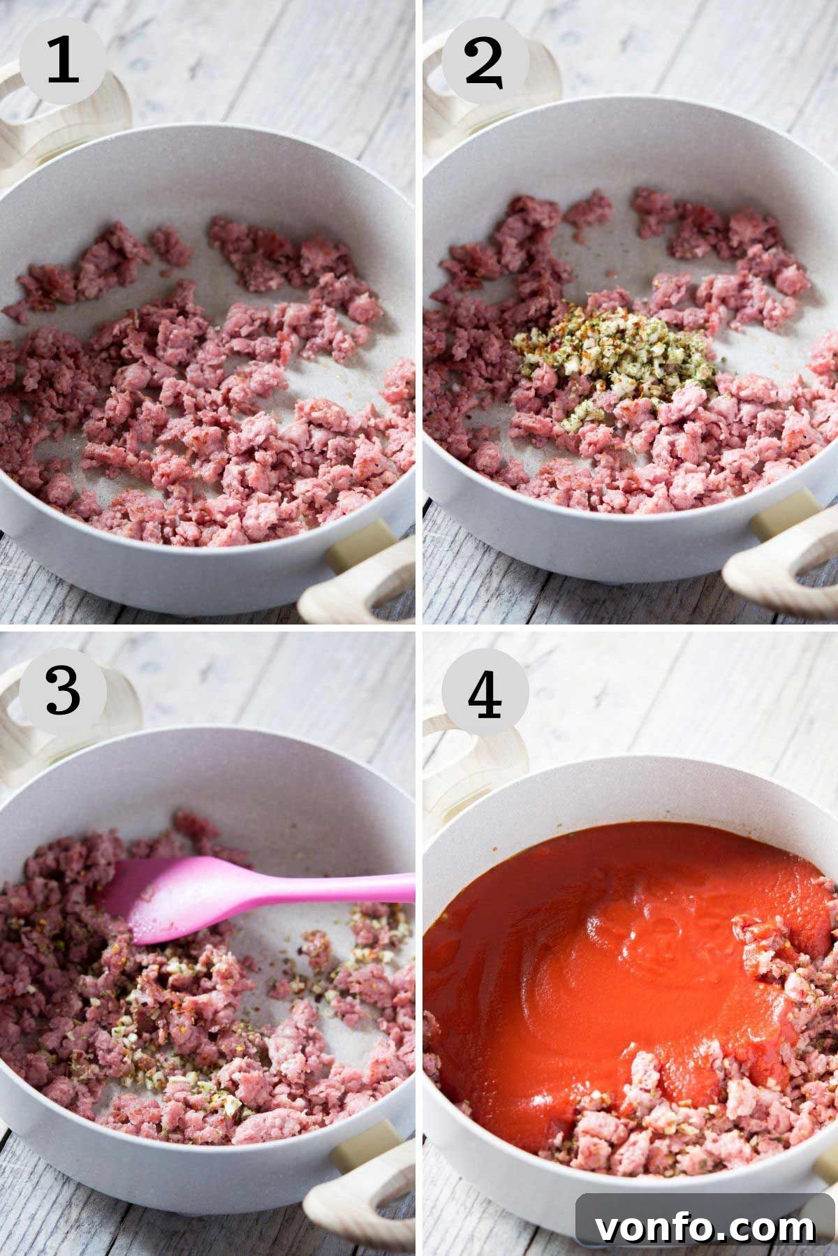 Step by step photos showing how to prepare the creamy tomato sauce with Italian sausage for a baked pasta dish.