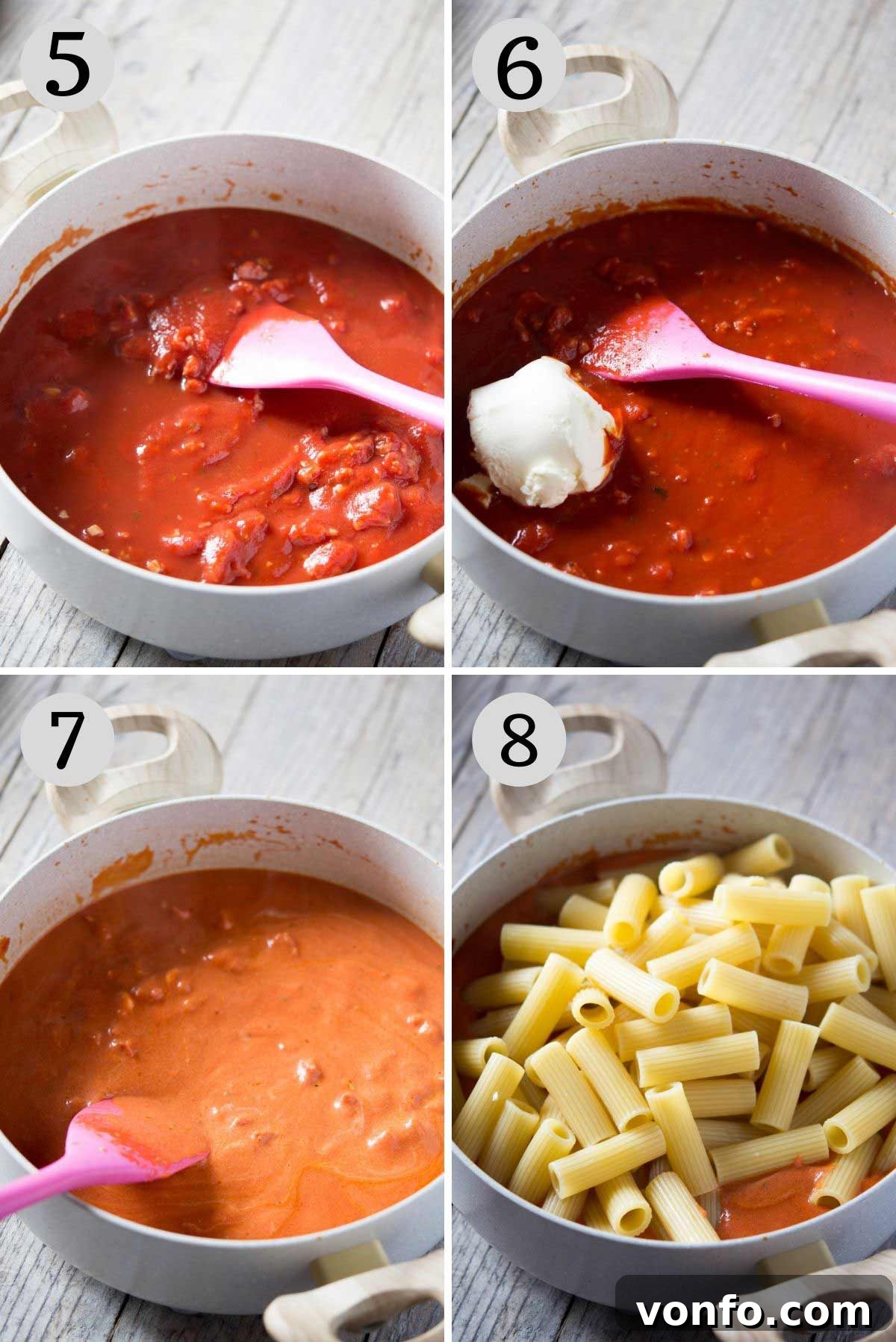 Step by step photos showing how to combine pasta with the sauce and top with mozzarella for a sausage pasta bake.