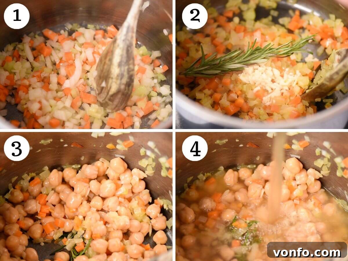 A four-panel collage illustrating the initial stages of Pasta e Ceci preparation: finely dicing vegetables for soffritto, gently sautéing them in olive oil, incorporating chickpeas into the fragrant base, and adding stock to begin simmering.