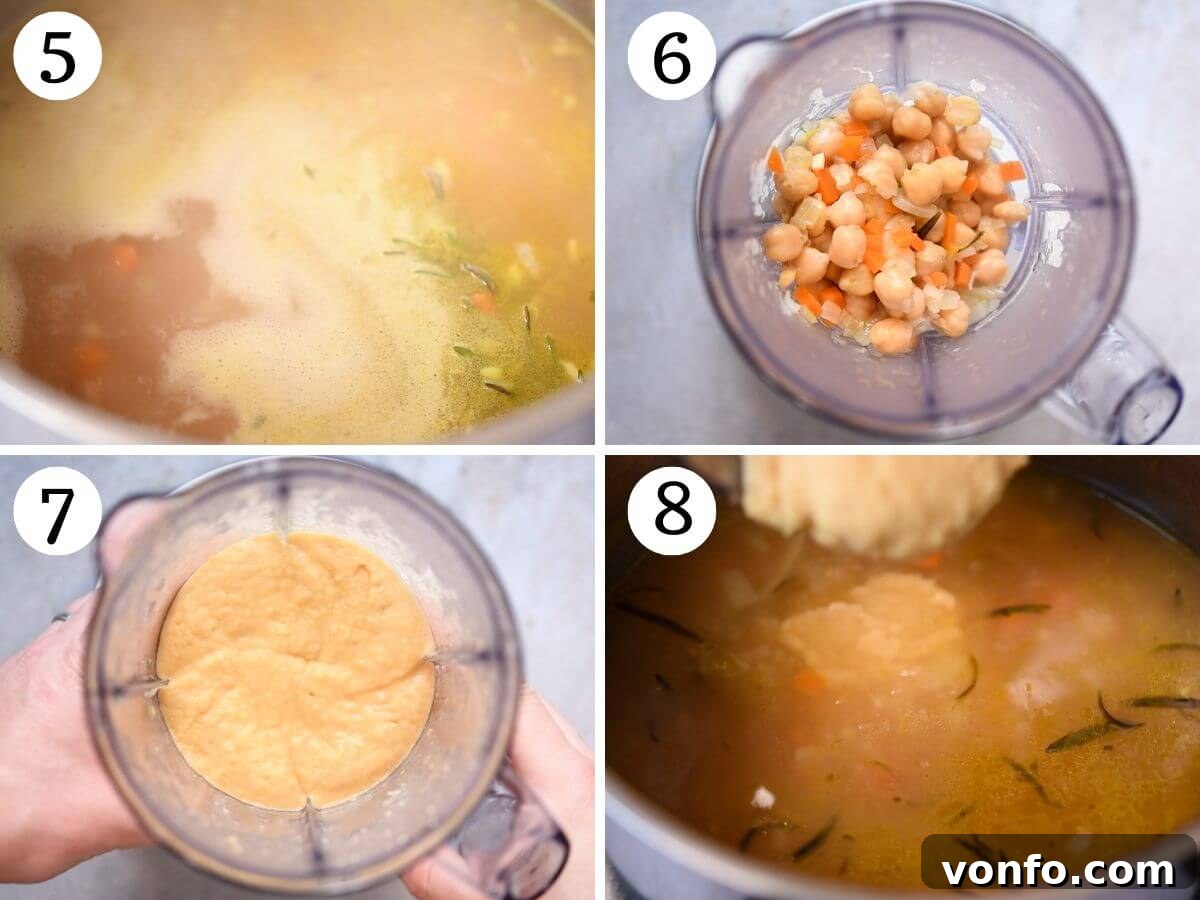 A series of four sequential photos demonstrating how to achieve a creamy texture in Pasta e Ceci: showing the soup simmering, a portion of chickpeas being removed, blending these chickpeas into a smooth puree, and finally, stirring the puree back into the soup.