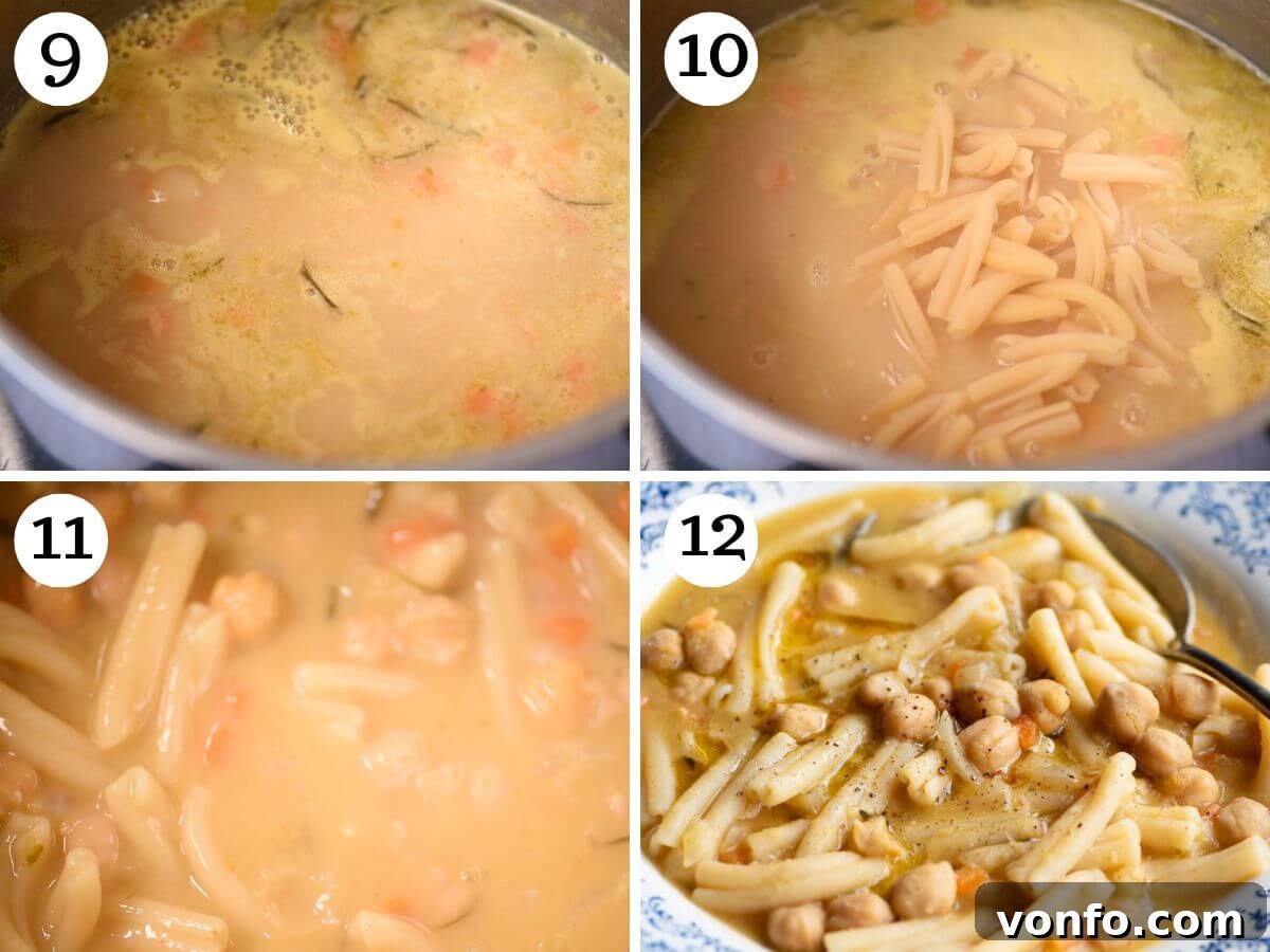 A compelling four-panel photo collage detailing the final steps of preparing Pasta e Ceci: adding short pasta to the simmering chickpea soup, cooking until it reaches an al dente perfection, and then serving the finished dish beautifully garnished with olive oil and black pepper in bowls.