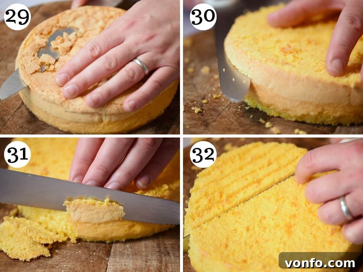 Classic Italian Mimosa Cake 11 A four-photo collage illustrating how to trim and precisely cut the baked Pan di Spagna sponges into layers and small cubes, essential steps for assembling and decorating a Mimosa cake.