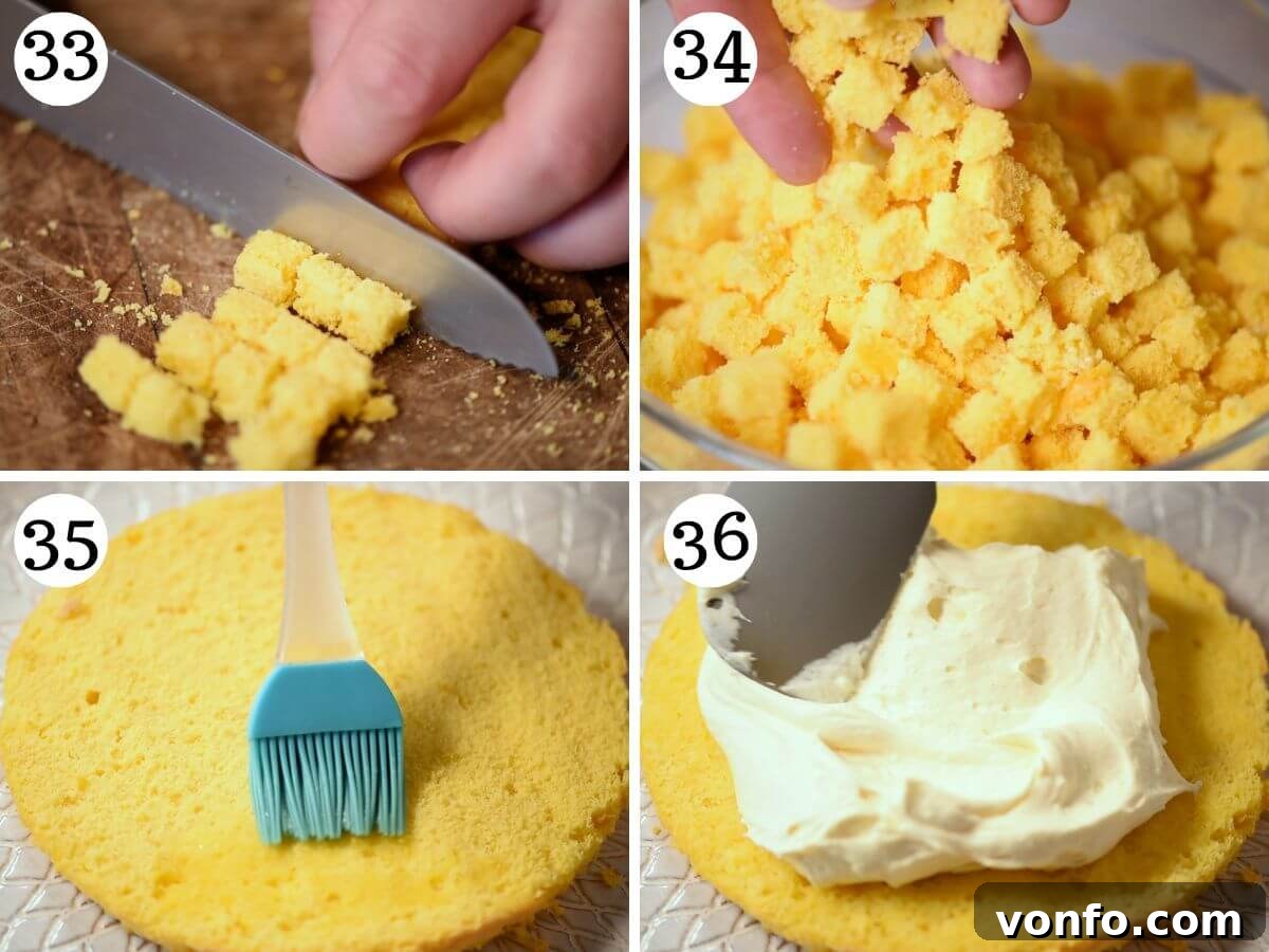 Classic Italian Mimosa Cake 12 A four-photo collage demonstrating the critical steps of filling and assembling a Mimosa cake: brushing sponge layers with syrup, spreading the cream filling, and stacking layers to build the cake's structure.