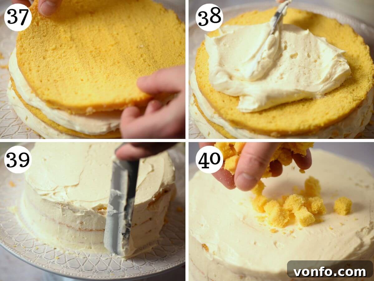 Classic Italian Mimosa Cake 13 A four-photo collage showcasing the final steps of decorating a Mimosa cake: applying the last layer of cream, covering the cake entirely with small sponge cubes, and presenting the finished dessert.