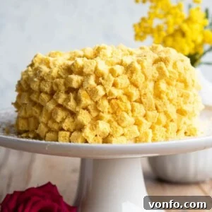 A close-up, cropped image of a beautifully textured Torta Mimosa sitting on an elegant cake stand, highlighting its delicate sponge cube topping.